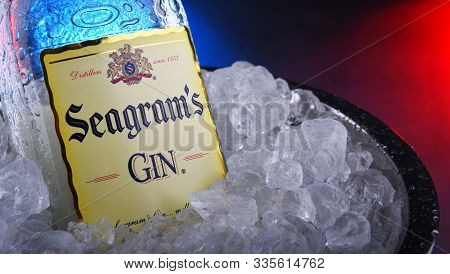 Bottle Of Seagrams Gin In Bucket With Crushed Ice