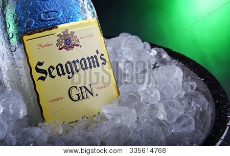 Bottle Of Seagrams Gin In Bucket With Crushed Ice