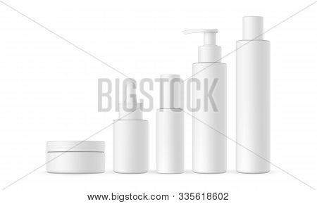Blank Cosmetic Packaging Mock Up: Jar, Dropper, Bottle With Press Pump, Small And High Bottles. Vect
