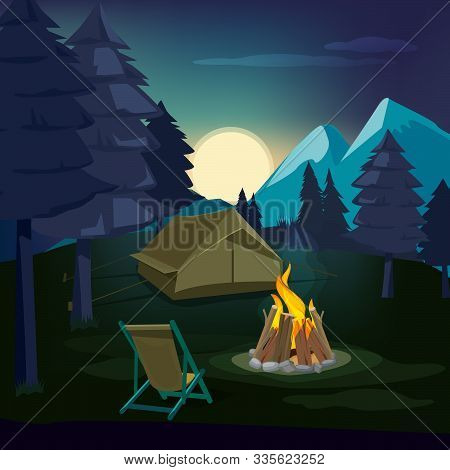 Night Campfire. Wooden Landscape With Tent And Fireplace With Big Burned Flame Lighting Outdoor Vect