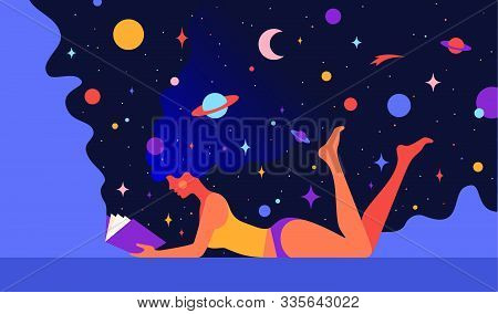 Modern Flat Character. Woman With Dream Universe Reads Open Book