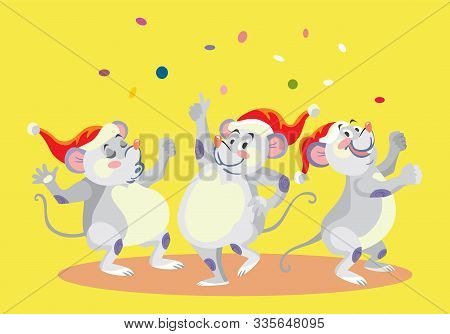 Vector Illustration Of Three Cute Dancing Mouse Characters. Vector Cartoon Stock Illustration.winter