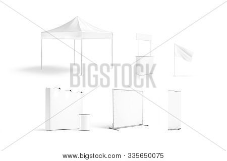 Blank White Promotion Trade Stand Mockup Set Isolated, 3d Rendering. Empty Booth And Tent For Compan