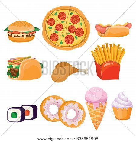 Fast Food Set For Fast Food, Ice Cream, Donut, Tacos, Hamburger, Sausage, Bun, Chicken Legs, Cupcake