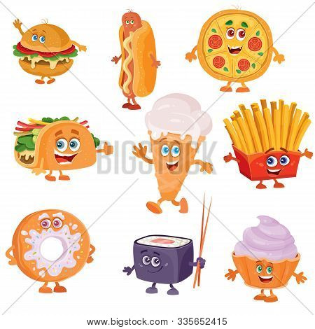 Set Of Funny Characters Food For Fast Food, Isolated Object On A White Background,