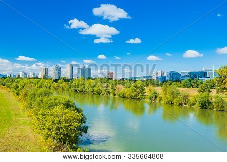 Croatia, City Of Zagreb, Surface Of The Sava River And Modern Towers Skyline In Autumn Day