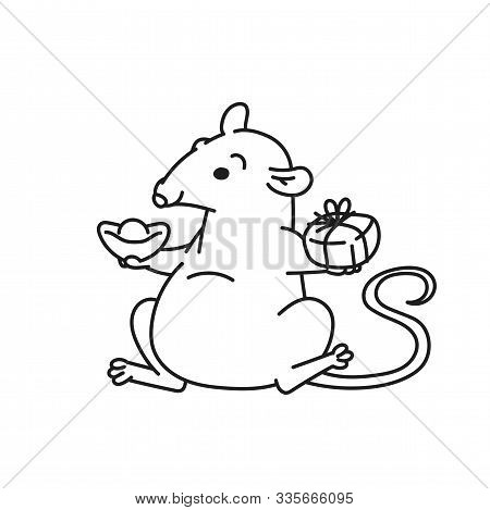 Rat With Gift And Lucky Charm Chinese New Year Symbols. Cute Mouse Vector Outline Cartoon Black Whit