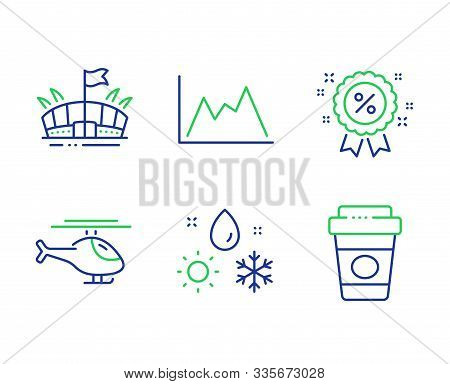 Helicopter, Discount And Diagram Line Icons Set. Weather, Arena And Takeaway Coffee Signs. Copter, S