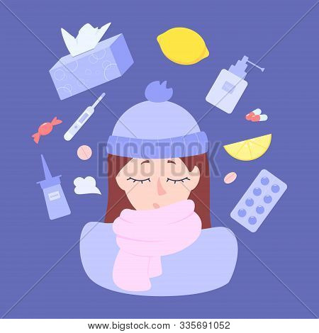 Healthcare And Medical Treatment Concept. Ill Female Caracter