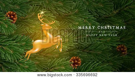 Merry Christmas And Happy New Year Greeting Card Template. Golden Figure Of A Jumping Deer Among Fir