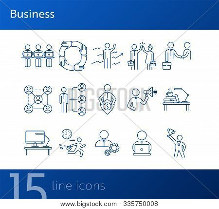 Business Icons. Set Of Line Icons On White Background. Business Hierarchy, Workday, Workplace. Caree