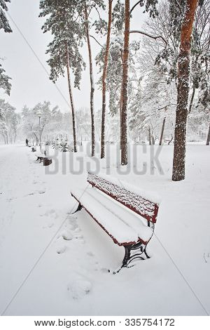 A Snow Covered Bench In A Park