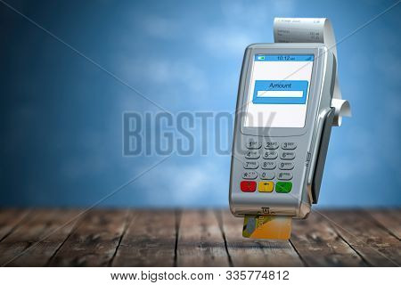 Payment POS teminal with receipt and credit card on blue background. 3d illustration