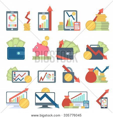Money, Payment, Economy Icons, Badges Set. Isolated Money Symbols, Data Tools Finance Diagram, Graph