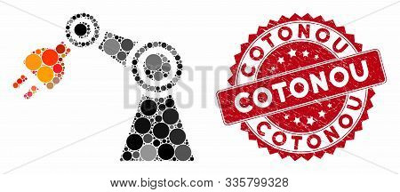 Mosaic Industrial Robot And Corroded Stamp Watermark With Cotonou Phrase. Mosaic Vector Is Formed Wi
