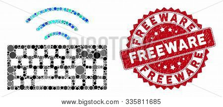 Mosaic Wireless Keyboard And Corroded Stamp Seal With Freeware Phrase. Mosaic Vector Is Created With