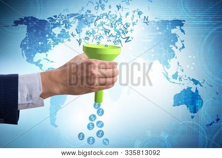 Data monetization concept with funnel and businessman