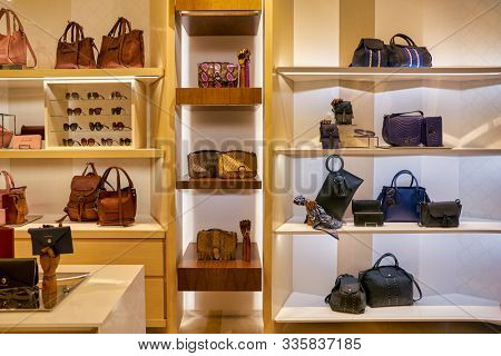 SINGAPORE - CIRCA APRIL, 2019: bags on display at Longchamp store in The Shoppes at Marina Bay Sands.