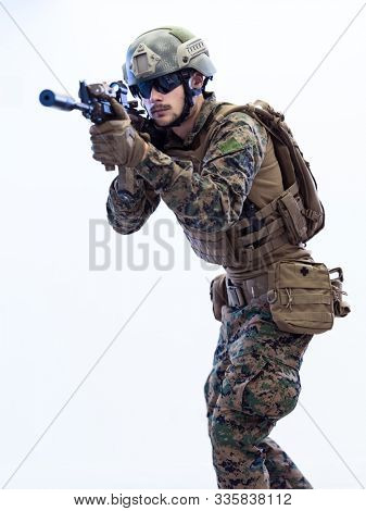 modern warfare american marines soldier aiming  on laseer sight optics  in combat position and searching for target isolated on white background