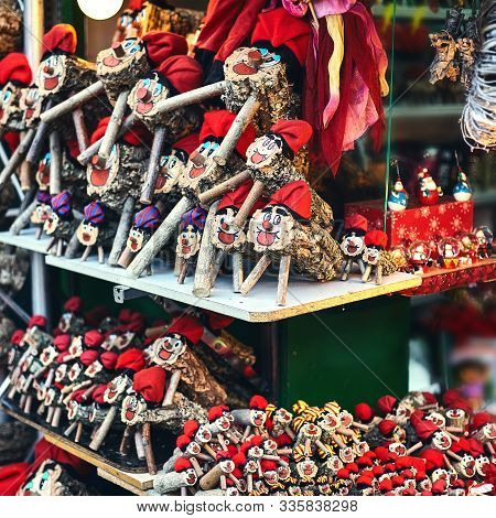 Tio De Nadal, Christmas Character Of Catalonia, Christmas Market In Barcelona. Square Frame