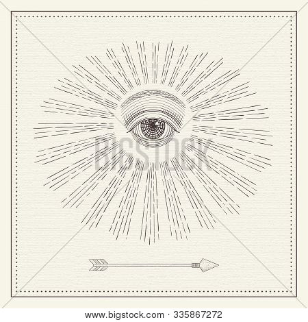 Vector All-seeing Eye, Eye In The Sky With Light Ray, Symbol Of The Masons, Illuminati, Monochrome H