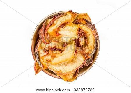 Heap Of Sun Dried Peach Slices Isolated On White Background. Top View