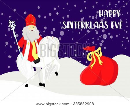 Cute Greeting Card With Saint Nicholas With Mitre, Pastoral Staff And Falling Snow. European Winter 