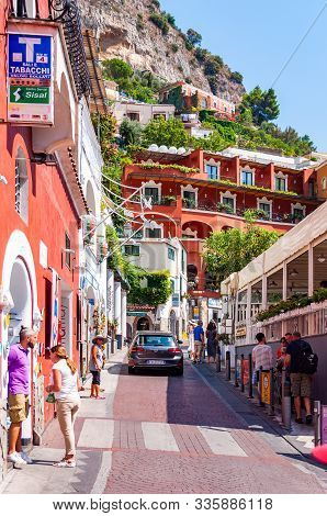 Positano, Italy - September 05, 2019: Amazing Medieval Positano Cityscape On Rocky Landscape, People