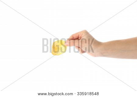 Hand Holds Potato Chips Isolated On White Background, Space For Text