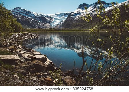 Beautiful Scenery On The Mountains And The Glacier Svartisen Landscape In Norway Scandinavian Nature