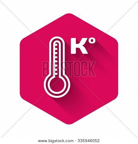 White Meteorology Thermometer Measuring Heat And Cold Icon Isolated With Long Shadow. Temperature Ke