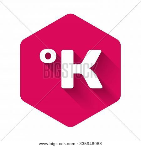 White Kelvin Icon Isolated With Long Shadow. Pink Hexagon Button. Vector Illustration