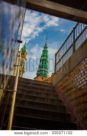 Copenhagen, Denmark: View Of The Landmark Green Spire Of The Former St. Nicholas Church, Now Nikolaj