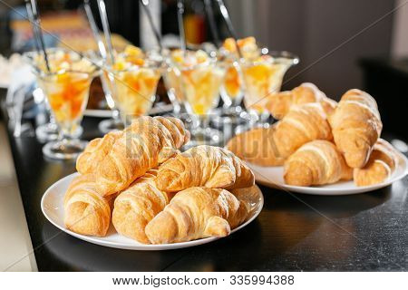 Breakfast Buffet. Fresh Pastry, Crispy Morning Croissants, Breakfast In Hotel. Dessert Fruit Cocktai