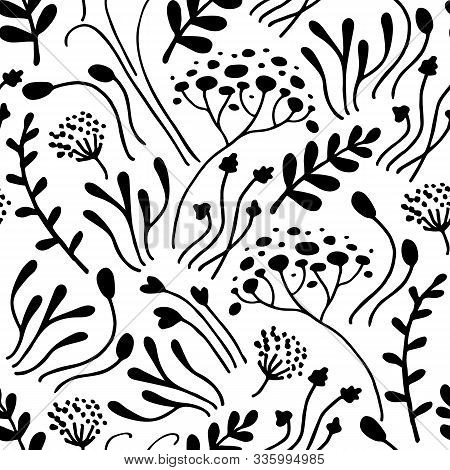 Seamless Pattern Of Outlandish Hand Drawn Black Line Different Herbs And Flowers. Bunch Of Flowers. 