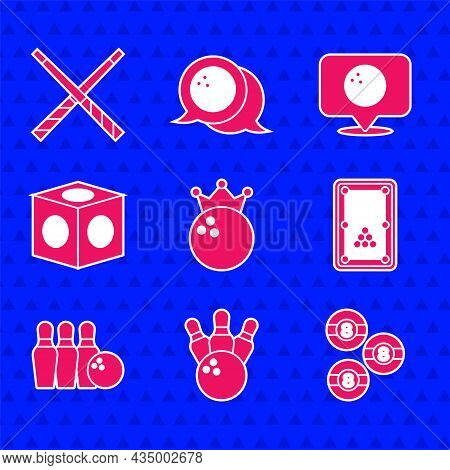 Set Bowling Ball, Pin And, Billiard, Table, Chalk, Location With Bowling And Crossed Billiard Cues I
