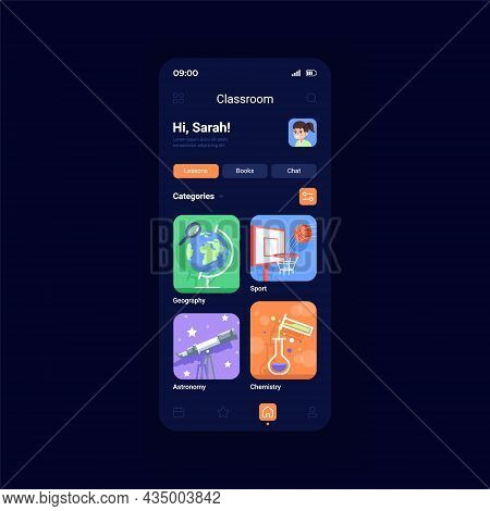 Online Classes Night Mode Smartphone Interface Vector Template. Distance Learning. Service For Stude