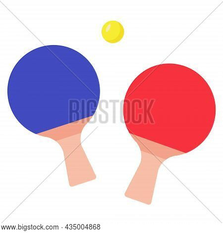 Two Table Tennis Rackets And Ball. Set For Playing Sport Game. Ping Pong Racquets In Simple Flat Sty