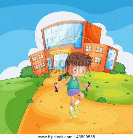 Illustration af en svedig pige leger foran en skolebygning