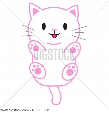 Funny Cartoon Cat, Cute Vector Illustration In Flat Style. White And Pink Cat. Smiling Fat Kitten. P