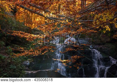 Shypot Waterfall Among The Rock In Evening Light. Beautiful Autumnal Nature Scenery In The Forest. W