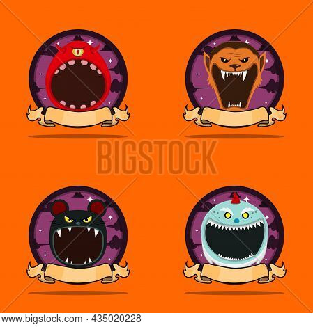 Emblem Set Head Monster. With One Eye Monster, Wolf Man, Mouse And Creepy Gnome Head Character Desig