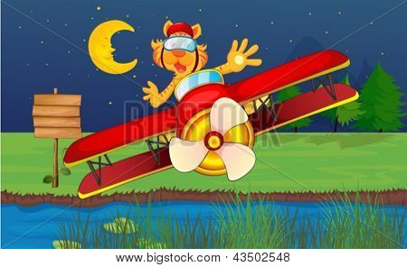 Illustrazione di una tigre in sella in un piano rosso