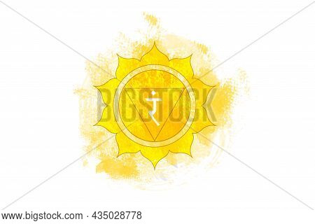 Third Chakra Of Manipura, Solar Plexus Chakra Logo Template In Watercolor Style. Yellow Mandala. Spi