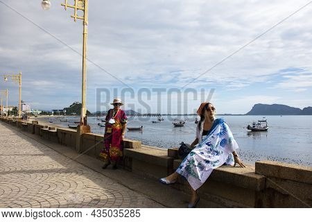 Traveler Thai Senior Mother And Young Daughter Women Travel Visit And Posing Portrait For Take Photo