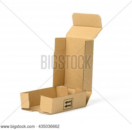 Folding Cardboard Box Made Of Brown Corrugated Cardboard On White Background