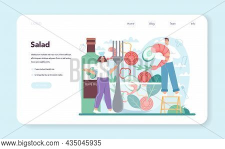 Fresh Salad Web Banner Or Landing Page. Peopple Cooking Organic
