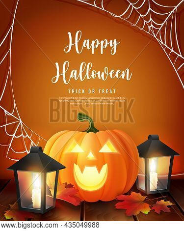 Happy Halloween 3d Realistic Scary Jack Lantern And Candle Vintage Hand Lamp Maple Spider Web