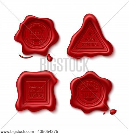 Wax Seal Impress. Realistic Embossed Red Stamps Top View, Vintage Certificate And Guarantee Differen