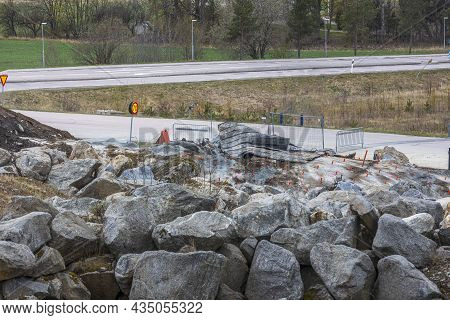 Close Up View Of Construction Imploding Works On Rocky Terrain. Sweden.